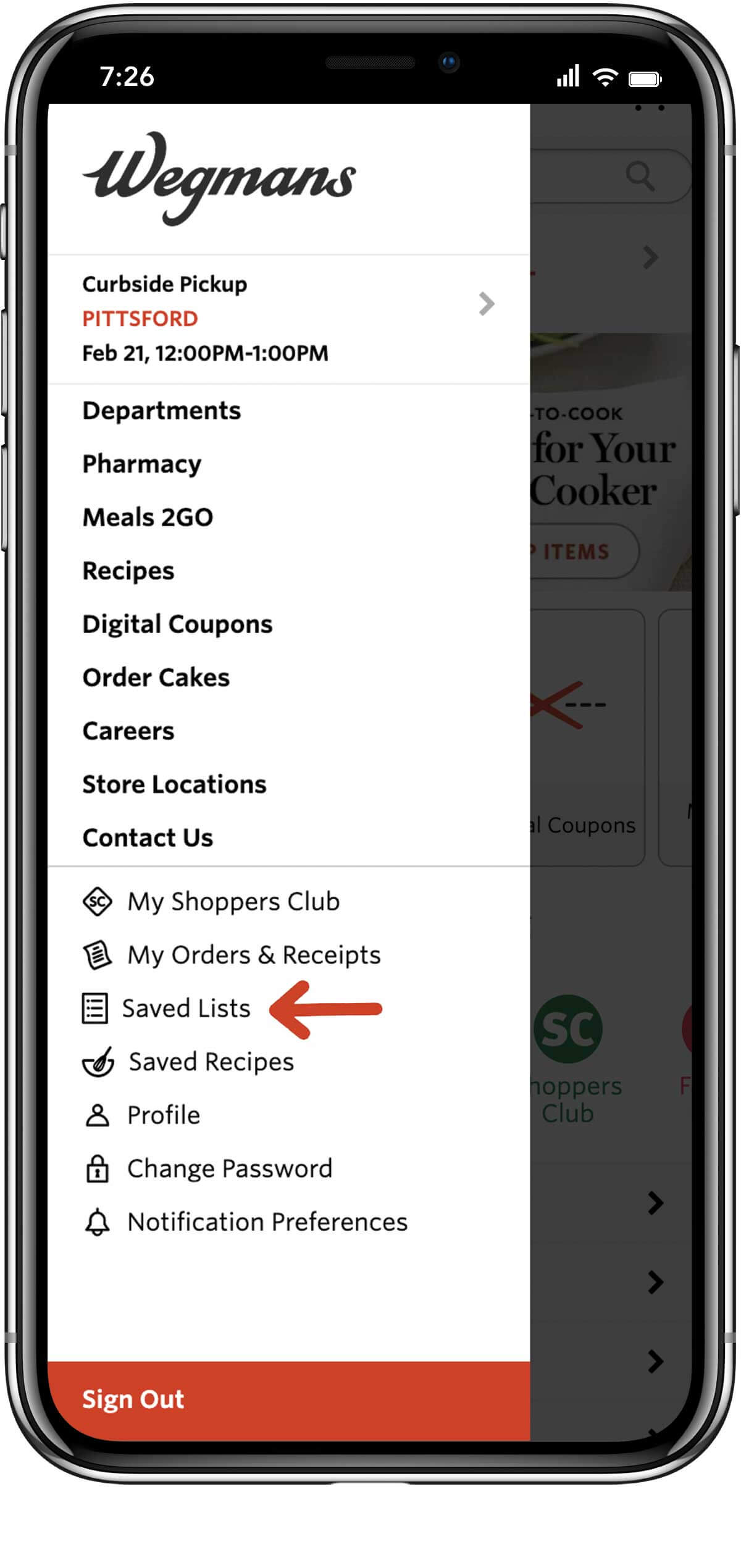 phone screen displaying saved list in navigation menu
