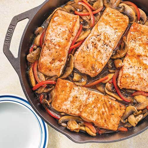Teriyaki Salmon with Mushrooms & Peppers in a Cast Iron Skillet